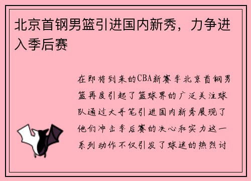北京首钢男篮引进国内新秀，力争进入季后赛